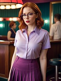 A 42 year old woman with messy ginger hair and dark blue eyes in a red shirt and purple skirt dances on stage at the indoor strip club