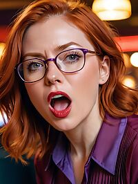 A 42 year old woman with messy ginger hair and dark blue eyes in a red shirt and purple skirt dances on stage at the indoor strip club