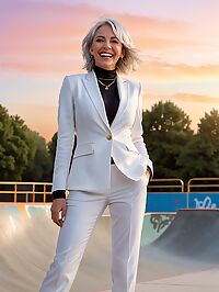 A stunning silver haired woman with large breasts wears a white suit at dawn