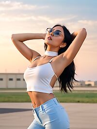 A 30 year old woman with blue eyes and short black hair charms at Air Force Base evening